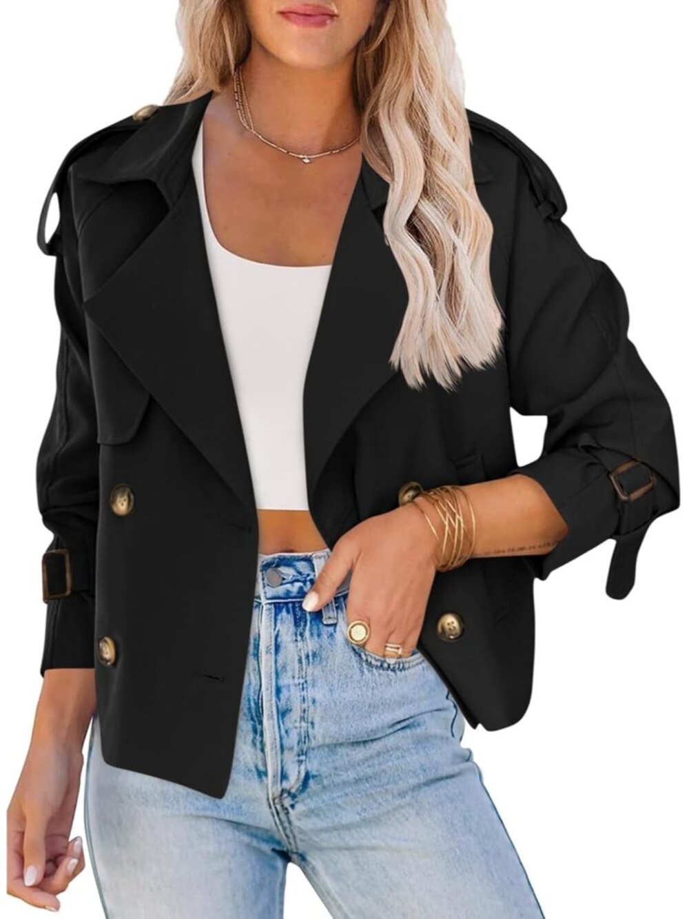 Women's Black Double Breasted Raglan Sleeve Imported Crop Trench Coat